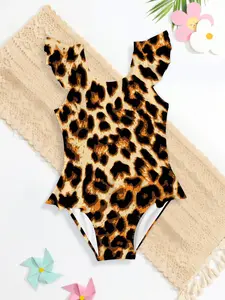 Comfortable Fashion Summer Girls Leopard Print Jumpsuit, Casual Sleeveless One-Piece Swimsuit, Birthday Gift, Beachwear, Outdoor Sports, Swimwear