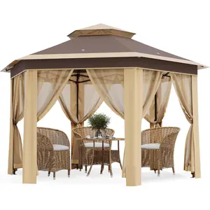 13x13FT Pop-Up Gazebo, Hexagonal Outdoor Canopy Tent with Mosquito Netting, Dual Vent Roof Awning with 6 Sided Sun Shelter, UV Resistant Height Adjustable for Patio, Backyard - Light Khaki + Beige
