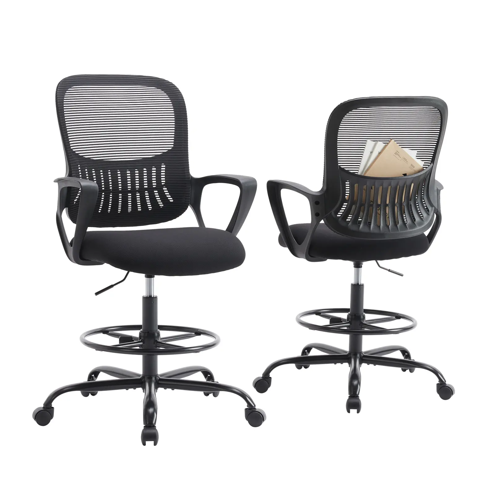 Sweetcrispy Ergonomic Standing Drafting Chair - Modern Chair with Flip-up Armrests, Adjustable Foot-Ring, High-Density Foam Cushions for Long Hours, Bar Height Desk Counter Home Office Furniture, High-Density Foam Cushions Long Hours, Chair With Footrest,