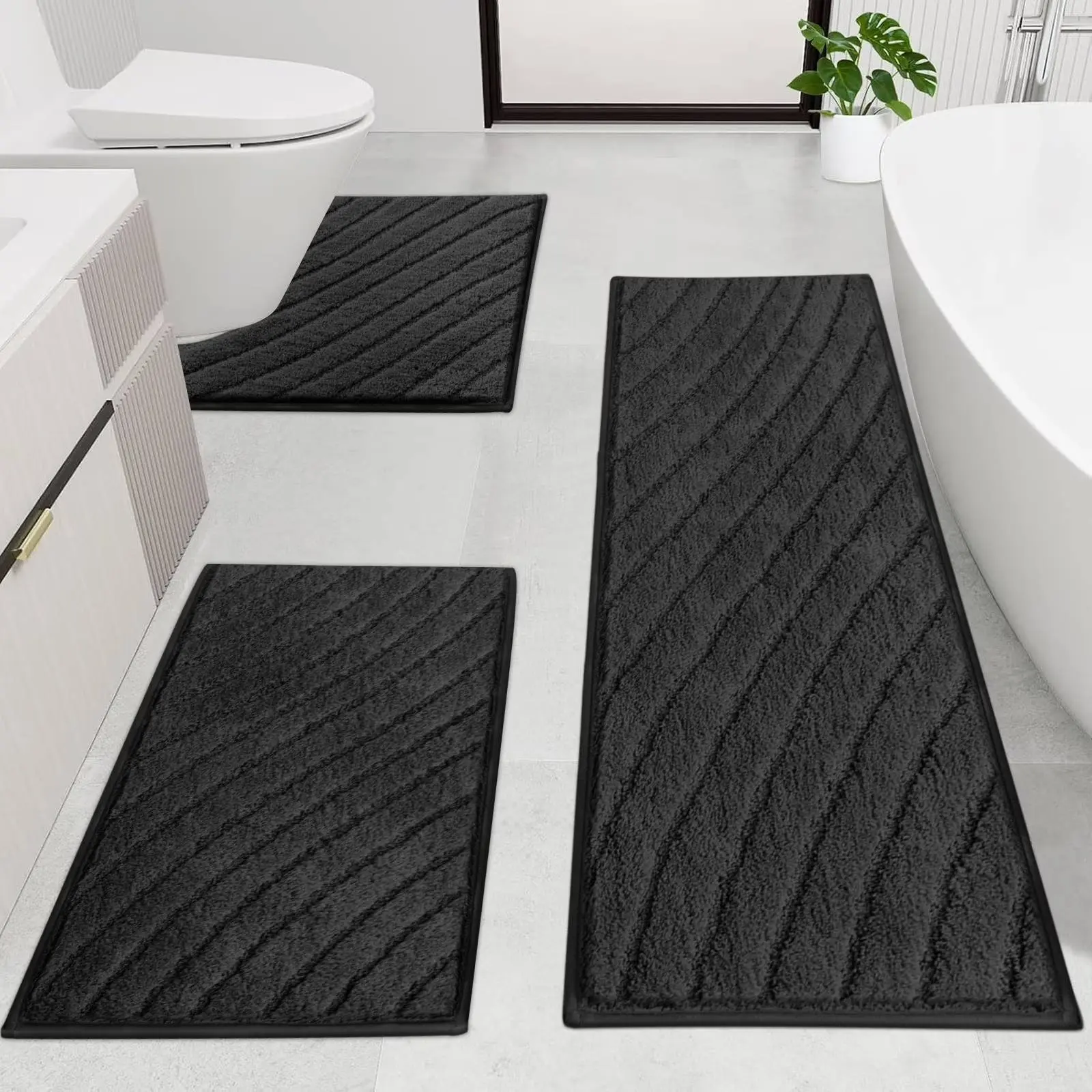 [Back to School] HEBEMAT Washable Bathroom Rugs Sets, bathroom carpet, 3 Piece Bathroom Shower Rugs with U-Shaped Contour Toilet Mat Absorbent Microfiber Plush, Bath Mats Non Slip Bath Rugs Machine Washable Shaggy Bath Mat Set