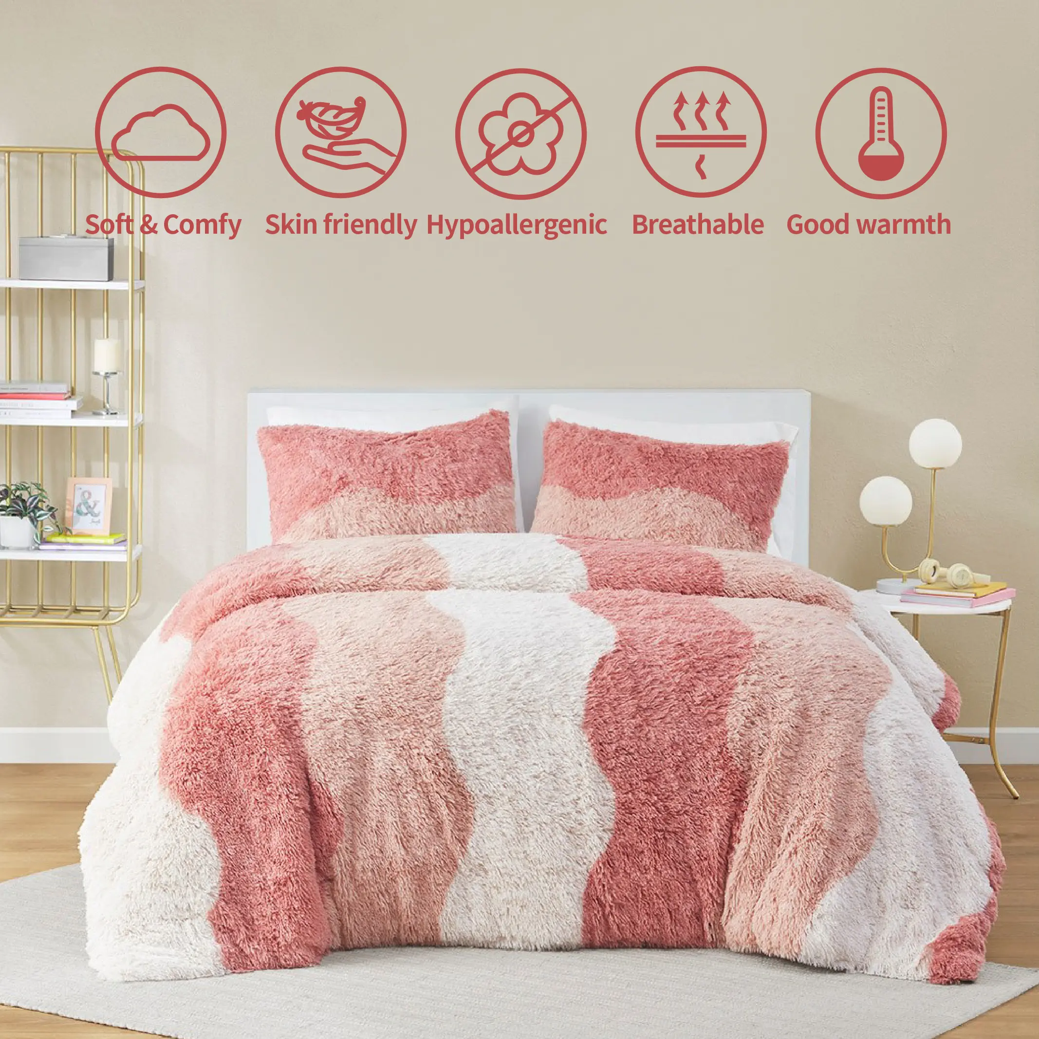 Intelligent Design Cassie Blush Ombre Stripes Fluffy Quilt Bedding Set - Shaggy Faux Fur, OEKO-TEX Certified Bedding Sets Collection, Oeko Tex Certified Bedding Sets Collections