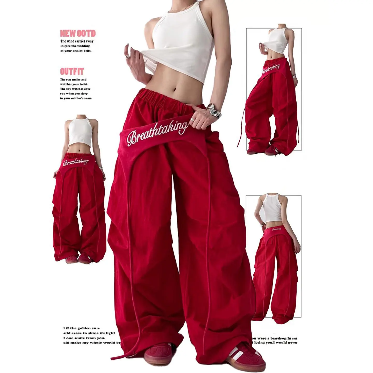 Y2K street-style women’s patchwork wide-leg cargo parachute pants with embroidered letter details at the waistband, elastic drawstring, and ruched design; streetwear for hip-hop dance; high-street loose fit; lightweight casual floor-length pants