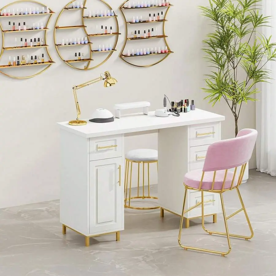 43 Inch Nail Tech Desk For Nail Tech, Wooden Manicure Table With Storage, Nail Table With 5 Drawers And Cabinet, Manicure Desk Nail Station