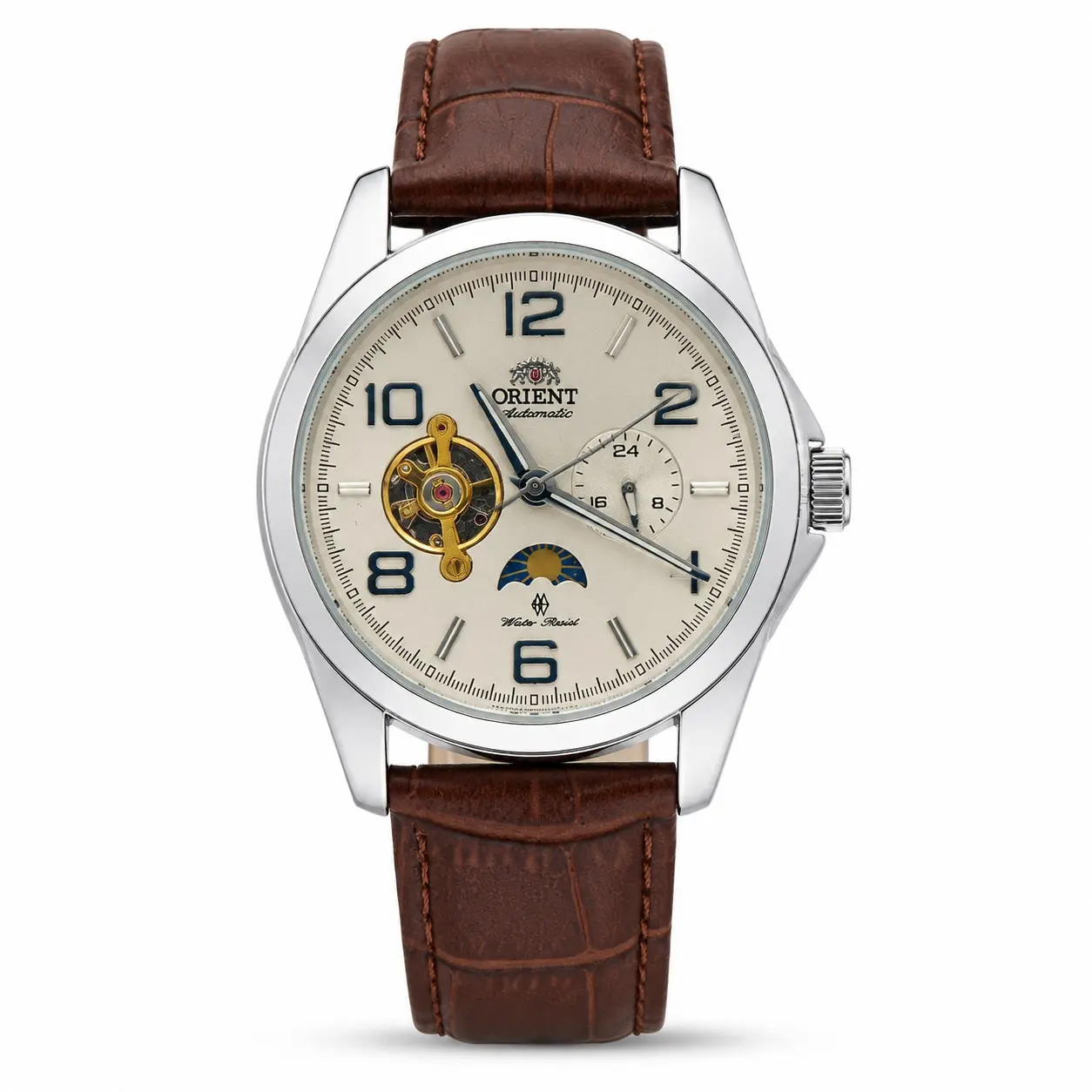 Male Classic Open Heart Round Automatic Skeleton Watch - Sun-Moon Phase, 24H Subdial, Large Arabic Numerals, Water Resistant, Optional Leather/Stainless Steel Bands, Multi-Color Dial, Business Daily Wristwatch, Birthday/Father’s Day Gift for Men