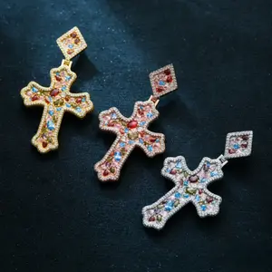 5A+ Sri Lanka Colorful Moissanite Rhomboid Gothic Cross Pendant With Necklace, Miami Italy Mexico & Micro Inspired for Women & Men, Luxury Jewelry, Daily Wear, Casual Fashion, Gift, Classic Hip Hop Simple Sporty