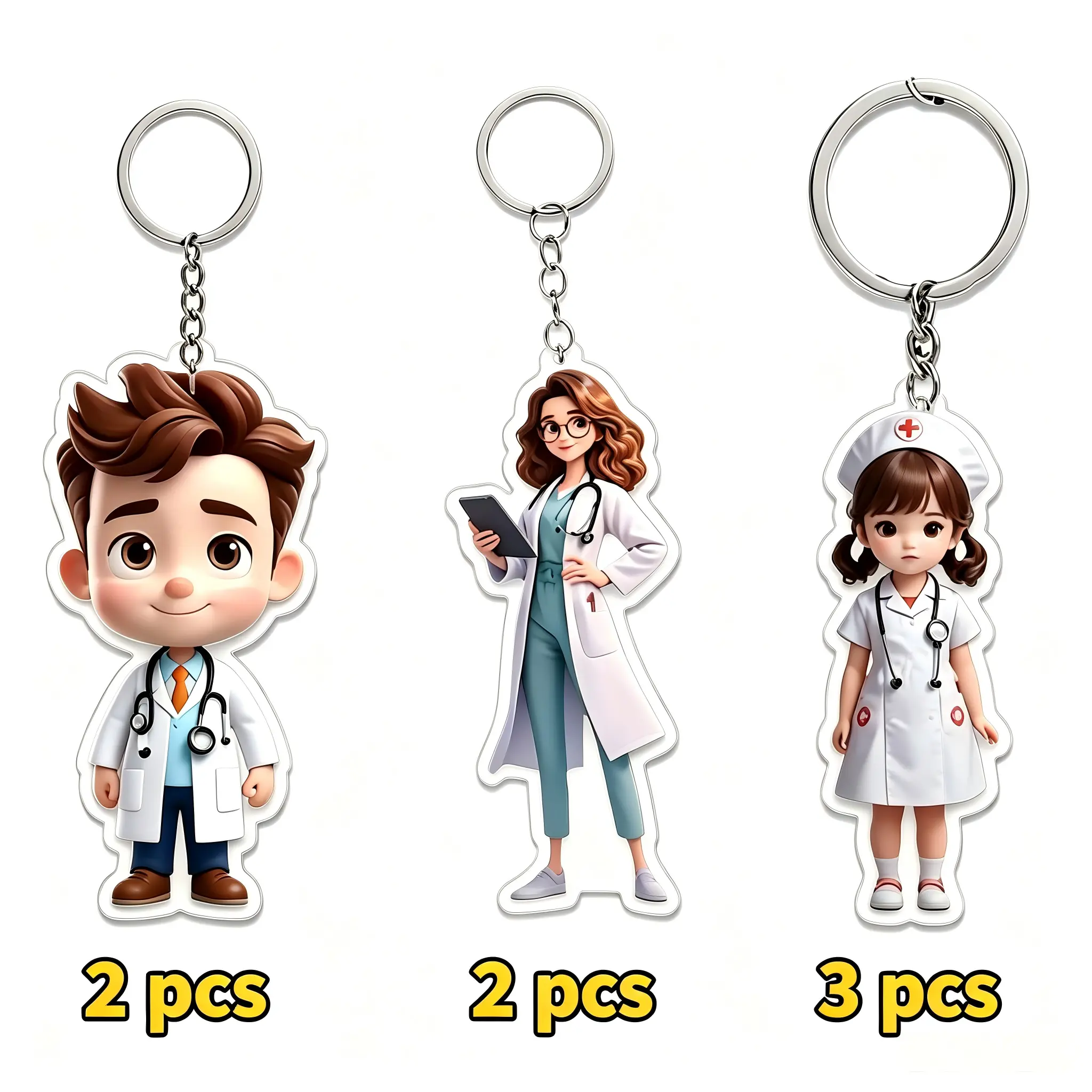 7-Piece Cute Keychains Set, Waterproof Acrylic Cartoon Doctor & Nurse Unisex Gift for Car Keys, Backpacks, Ceremony