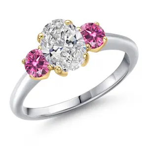 Gem Stone King 1.46cttw 10K White Gold IGI Certified Lab Grown Diamond and Pink Moissanite 3-Stone Engagement Ring For Women | Center 1.00 Ct Diamond | D-E Color | VS1-VS2 Clarity