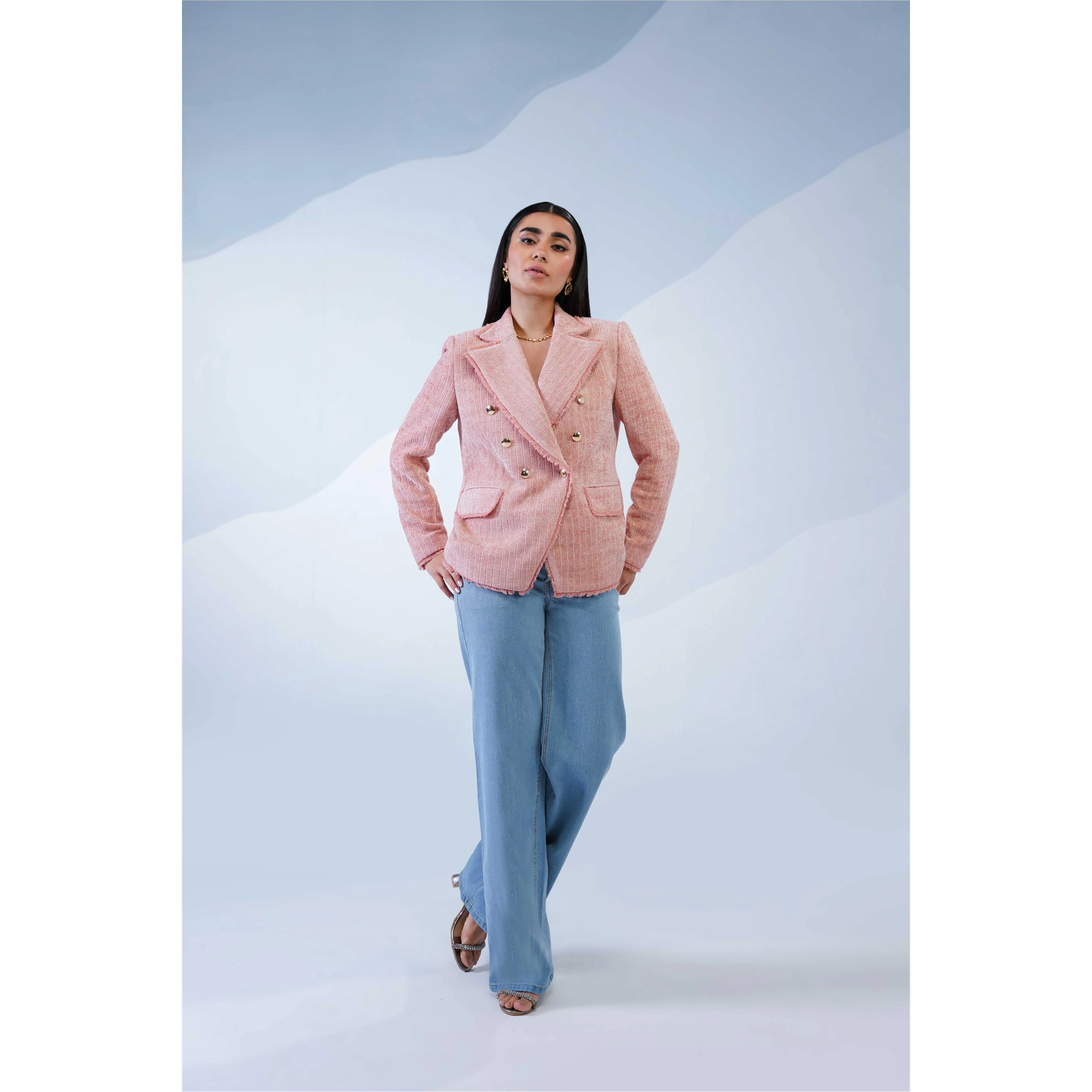 Four & Co Women's Pink Textured Double Breasted Blazer Gold Buttons Work Office