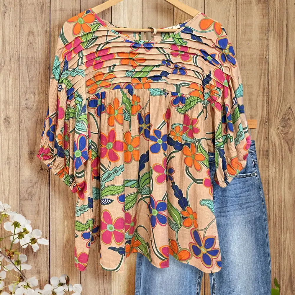 SageVell Floral Pleated Yellow Blouse Puff Sleeve Top Breathable Cascading Pleat Top Colorful Botanical Print Blouse Tropical Vibe Cloth