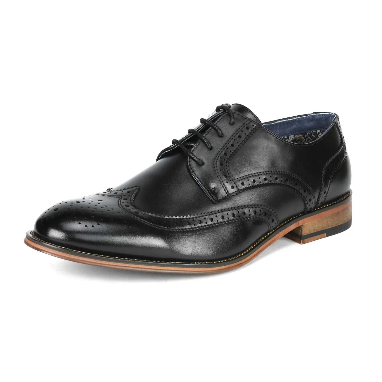 Men's Classic Wingtip Brogue Oxford Lace-Up Dress Shoes - Vegan Leather, Soft, Closed-Toe, Wide Fit, Comfortable Rubber Sole, Round Toe, Synthetic, Casual/Formal Occasions, 1 in Wooden Heel