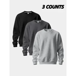 2025Men's 3 Pack Crew Neck Sweatshirts, Soft Fleece Casual Pullover Set, Classic Solid Color Long Sleeve Tops for Daily Wear, Workout & Layering