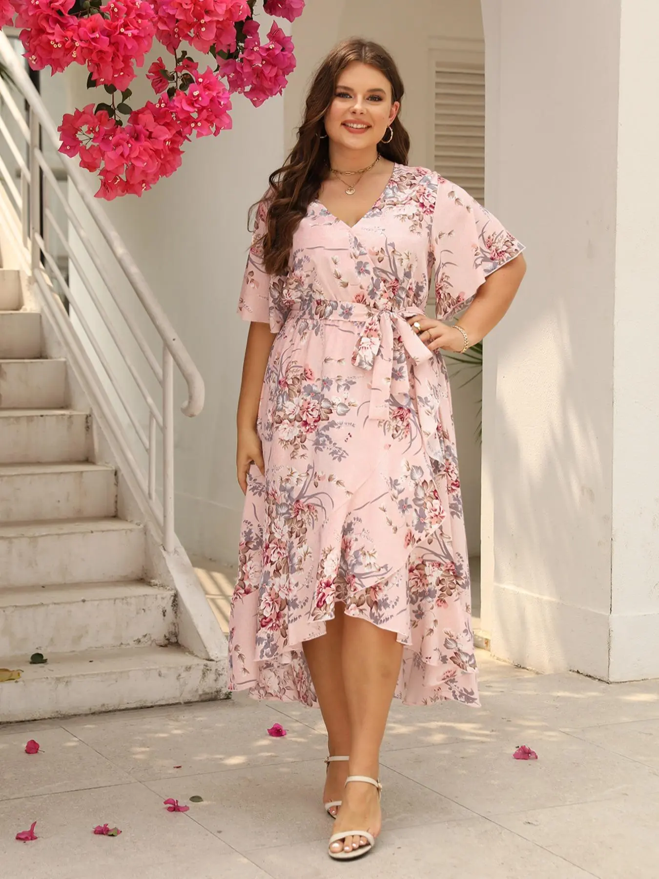 Plus Size Floral Print Woven Ruffle Hem Belted Wrap Fitted A-Line Dress, Boho Butterfly Sleeve V-Neck High-Low Midi Day Dress, Casual Dresses, Women's Casual Clothing for Spring & Fall, Casual Wear Piece