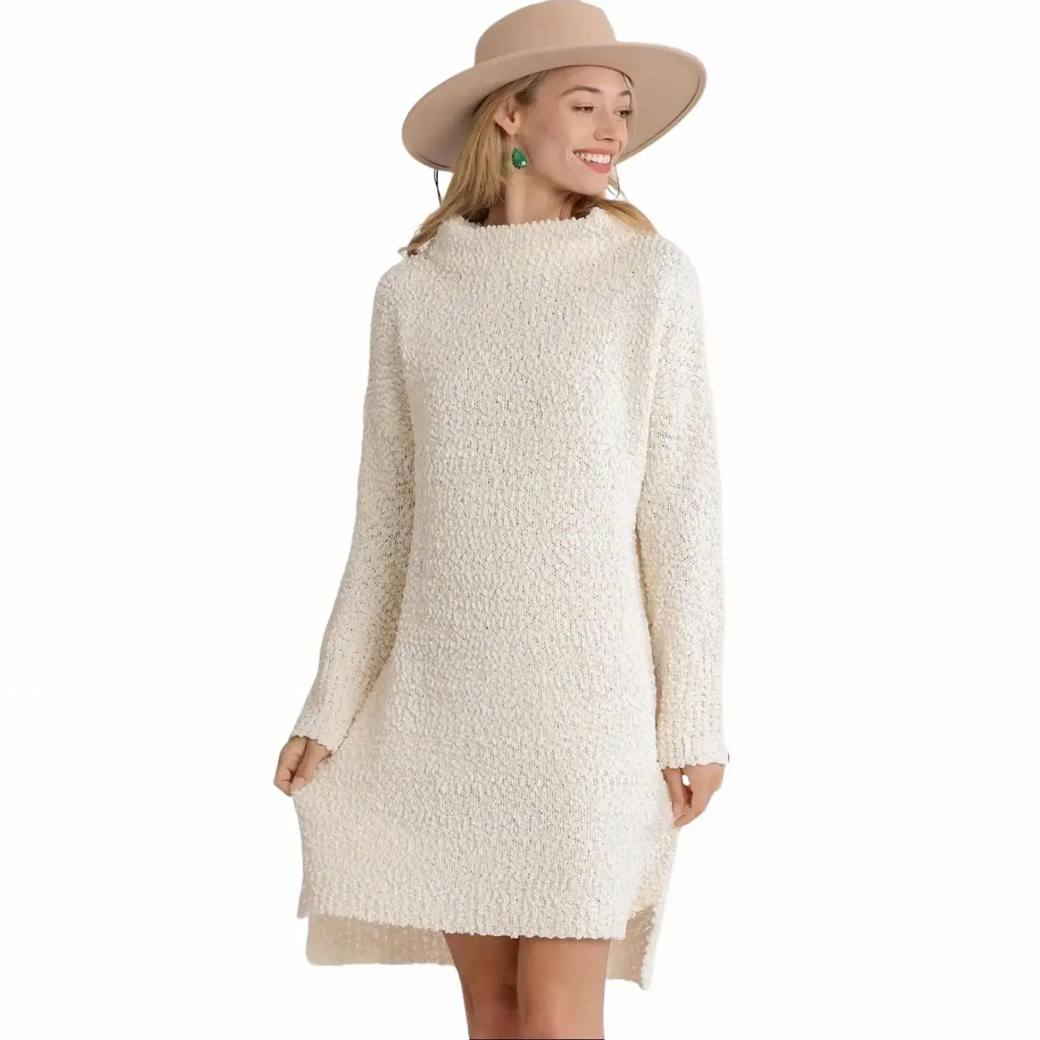 Full Size High Low Long Sleeve Boucle Sweater Dress Casual with Slit, 65% Polyester & 35% Acrylic, Winter Outfit - Twist, Hip Stretchy - Fabric, Womenswear Summer Comfort Basic Minimalist dressy  dress