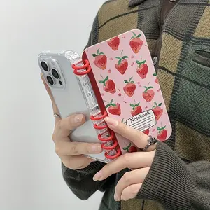 Cute Full Screen Strawberry Apple 17 Pro Max Phone Case for iPhone 16/15/14/13/12/11 Flip Cover with Notebook 15 Book Design