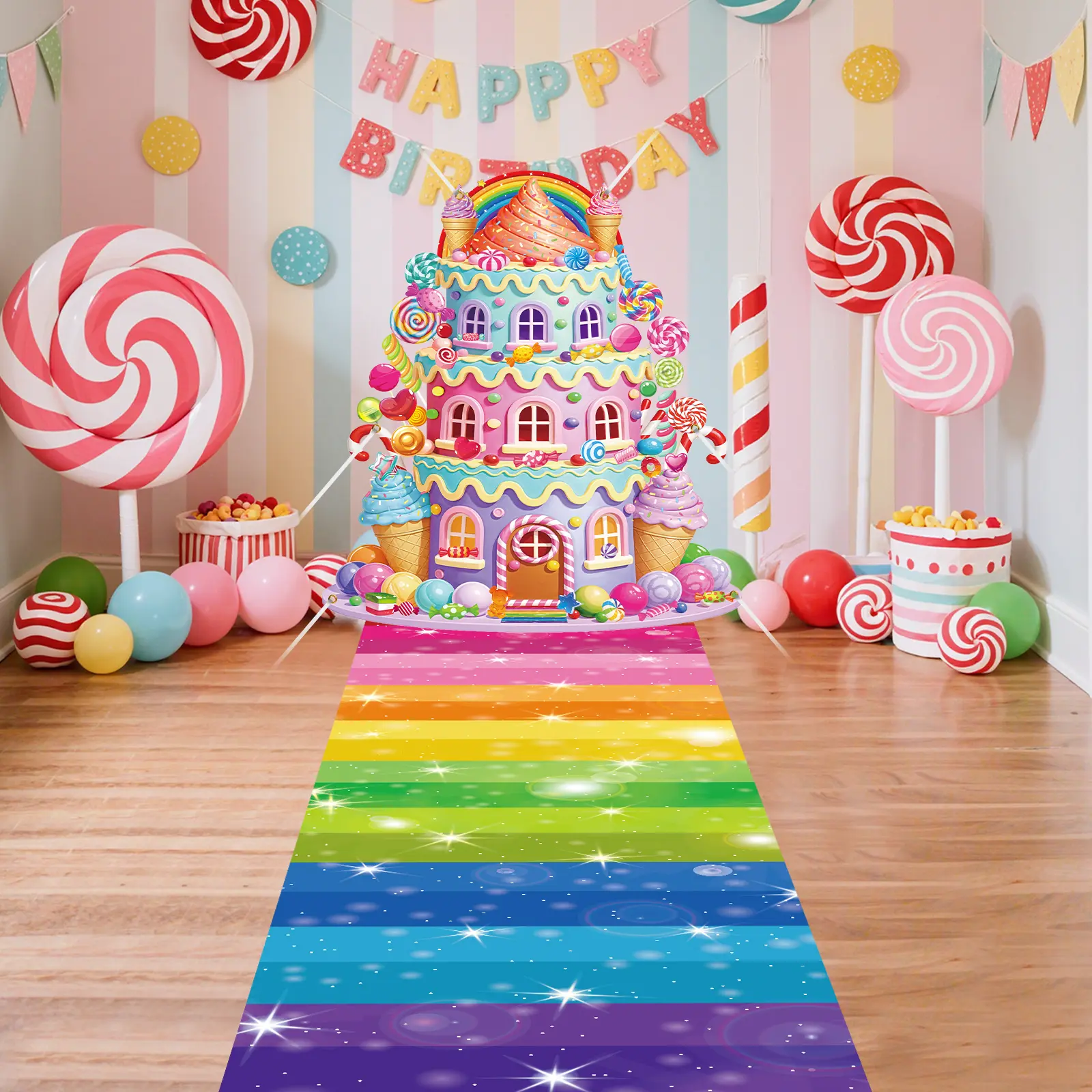 Enchanted Candy Castle Banner with Rainbow Sparkle Carpet - Complete Set for Girls' Birthday Party and Holiday Celebr