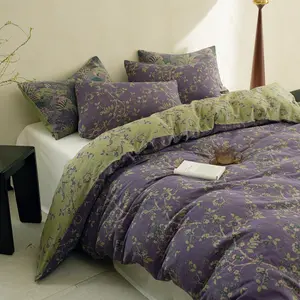 Simple&Opulence Muslin Duvet Cover Set , 100% Washed Cotton 3 Pieces Yarn-Dyed Vintage  Floral Jacquard Textured Bedding, Soft & Breathable Gauze Comforter Cover with Zipper Closure,Perfect Gift Choice,Lightweight
