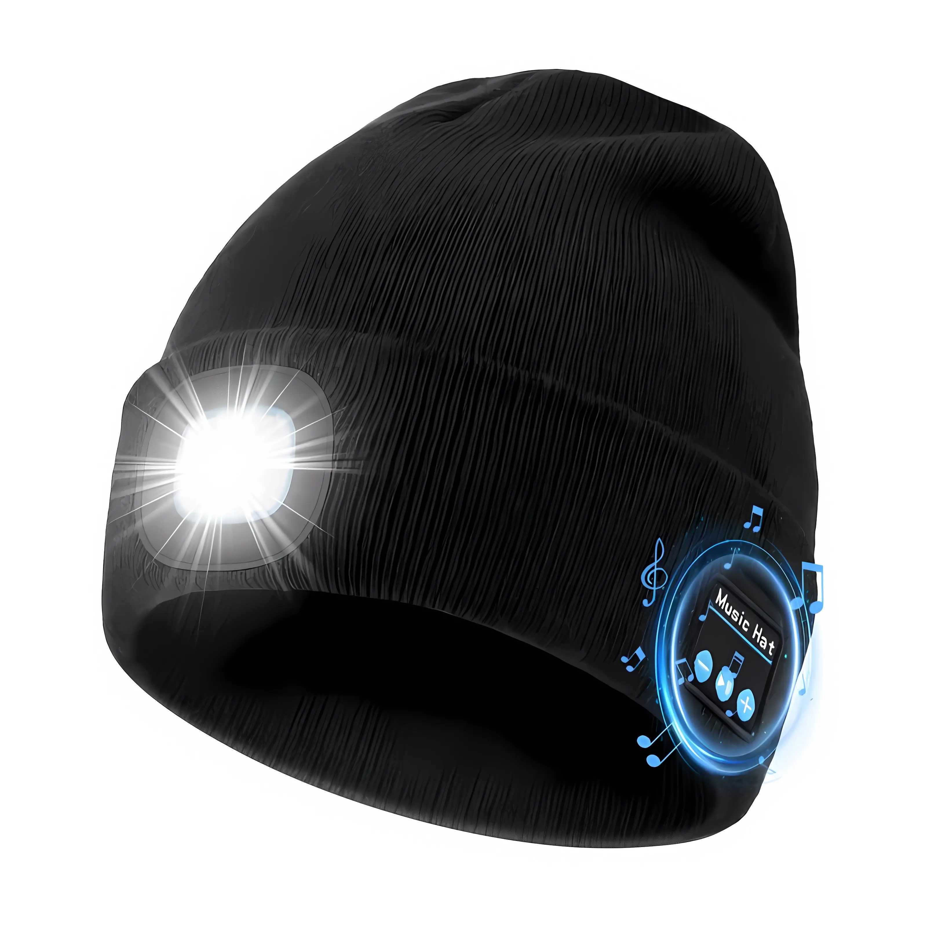 Unisex Adult Bluetooth Beanie - 4 LED Lighted Flashlight, Removable Speaker, USB Charge Warm Knit Balaclava for Bonfire, Biking, Running, Festive Birthday Christmas Gifts