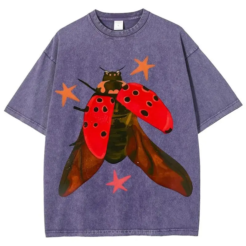 Unisex Vintage Graphic T-Shirt with Cute Ladybug Print, Oversized Distressed Cotton, Round Neck Casual Street Festival Wear, Chic