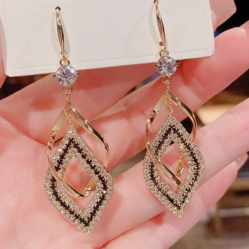 Rhinestone Decor Geometric Rhombus Design Dangling Earrings, Elegant Stylish All-match Jewelry for Girls Gift, Female Classic Fashion Accessories for Daily Wear, High Quality Earrings, Fashionable Jewelry Accessories