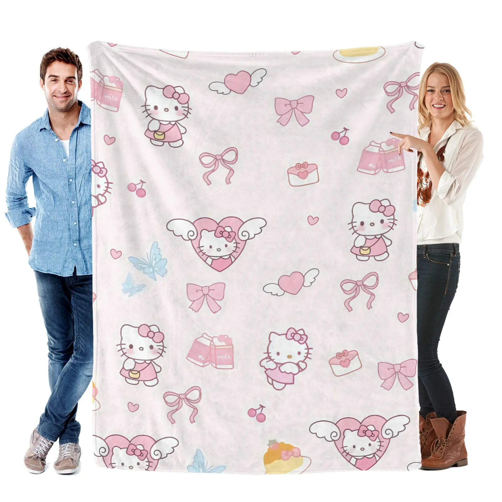 [Summervibes] Sanrio Winged Heart Hello Kitty Pattern Blanket, Lightweight Flannel, Sweet Aesthetic Throw Gift For Sanrio Fans