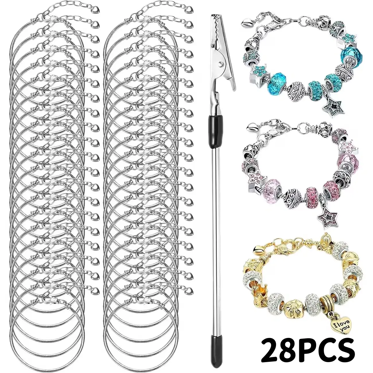 28Pcs Snake Chain Bracelet Set, Adjustable Charm Bracelets With Lobster Clasp & Extension Chain, Fashion DIY Jewelry Making Accessories Supplies for Women Handmade Bracelet Craft Decor
