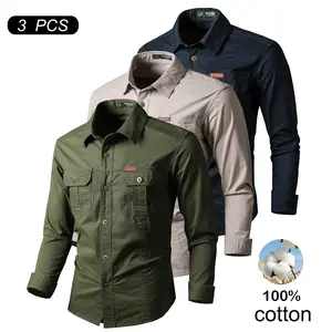 Father's Day Gift for Dad 3 Pack Men's 100% Cotton Long Sleeve Cargo Shirts, Durable Wind Resistant Work & Outdoor Shirts outing outfit