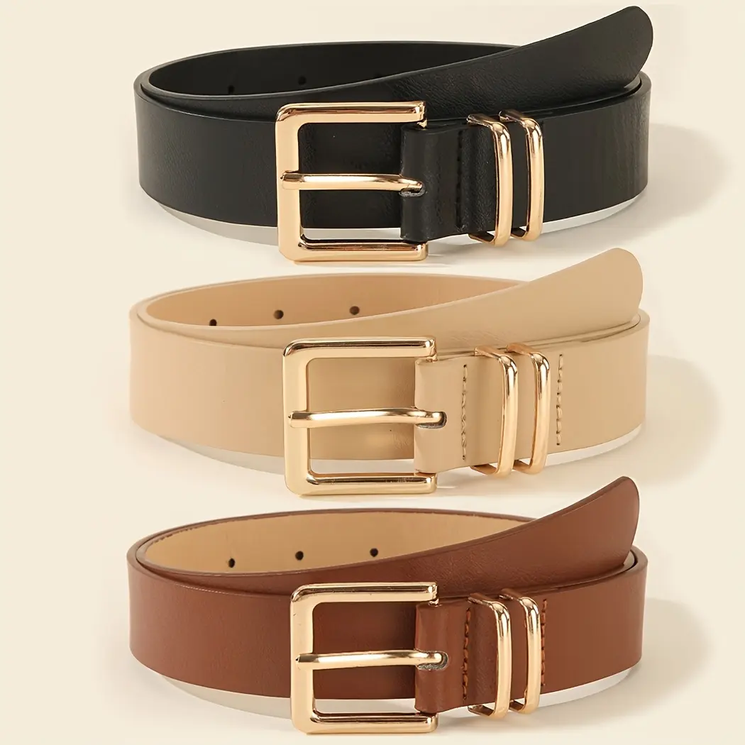 SHIFFRINKEN Women's 3-Piece Adjust-Fit Leather Belts Set - Classic Gold Square Frame Buckle Double-Loop Sash, Heavy-Duty Soft PU Leather Accessory, Color-Coordinated Neutral Classic Belts for Jeans, Dresses, Adjust-Fit Women's Belts