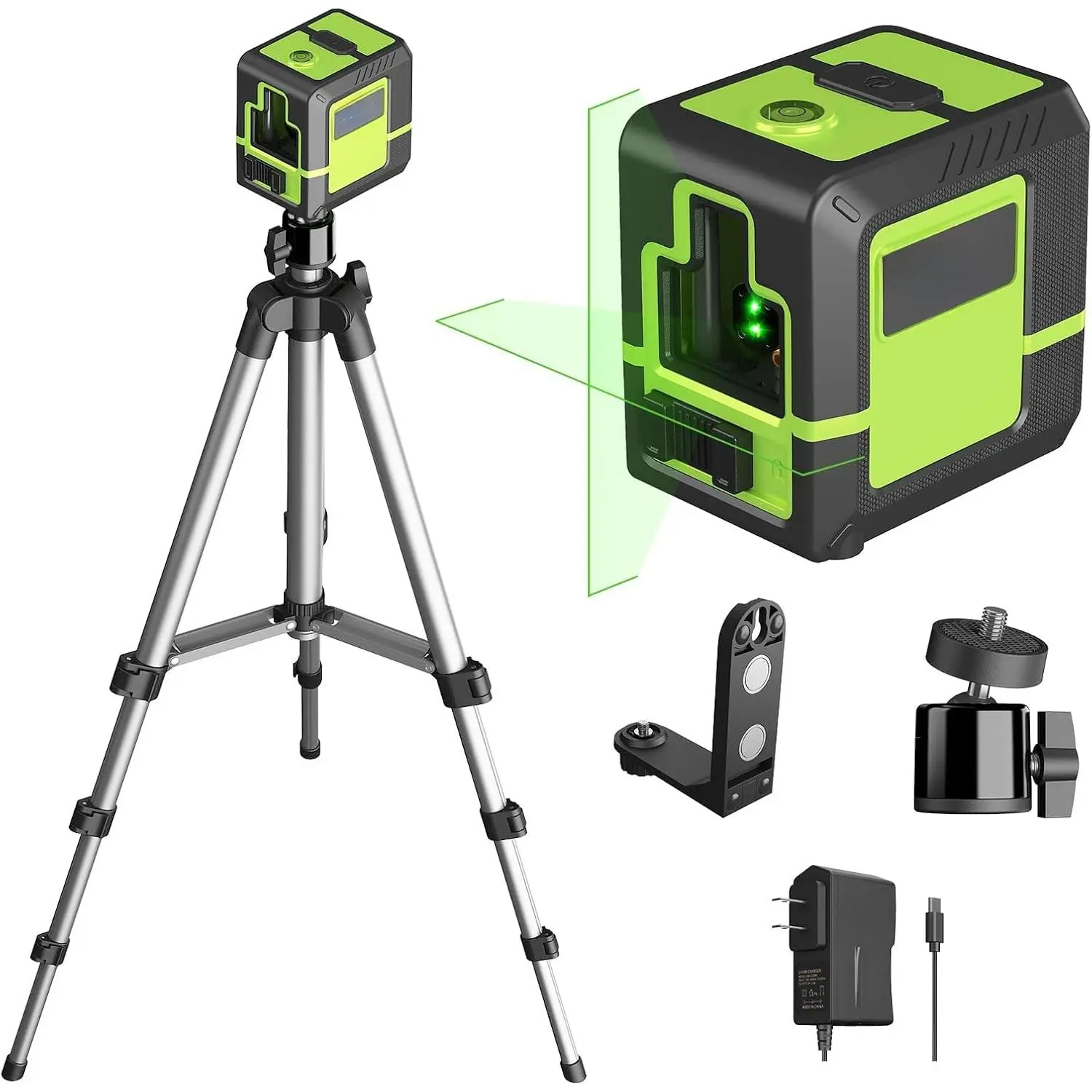 Rechargeable Self-Levelling Green Cross Line Laser Level with Tripod, 1200mAh Lithium Battery, 10-Hour Standby, Measuring Tool for Picture Hanging, Rechargeable Laser Level, Self Levelling Laser