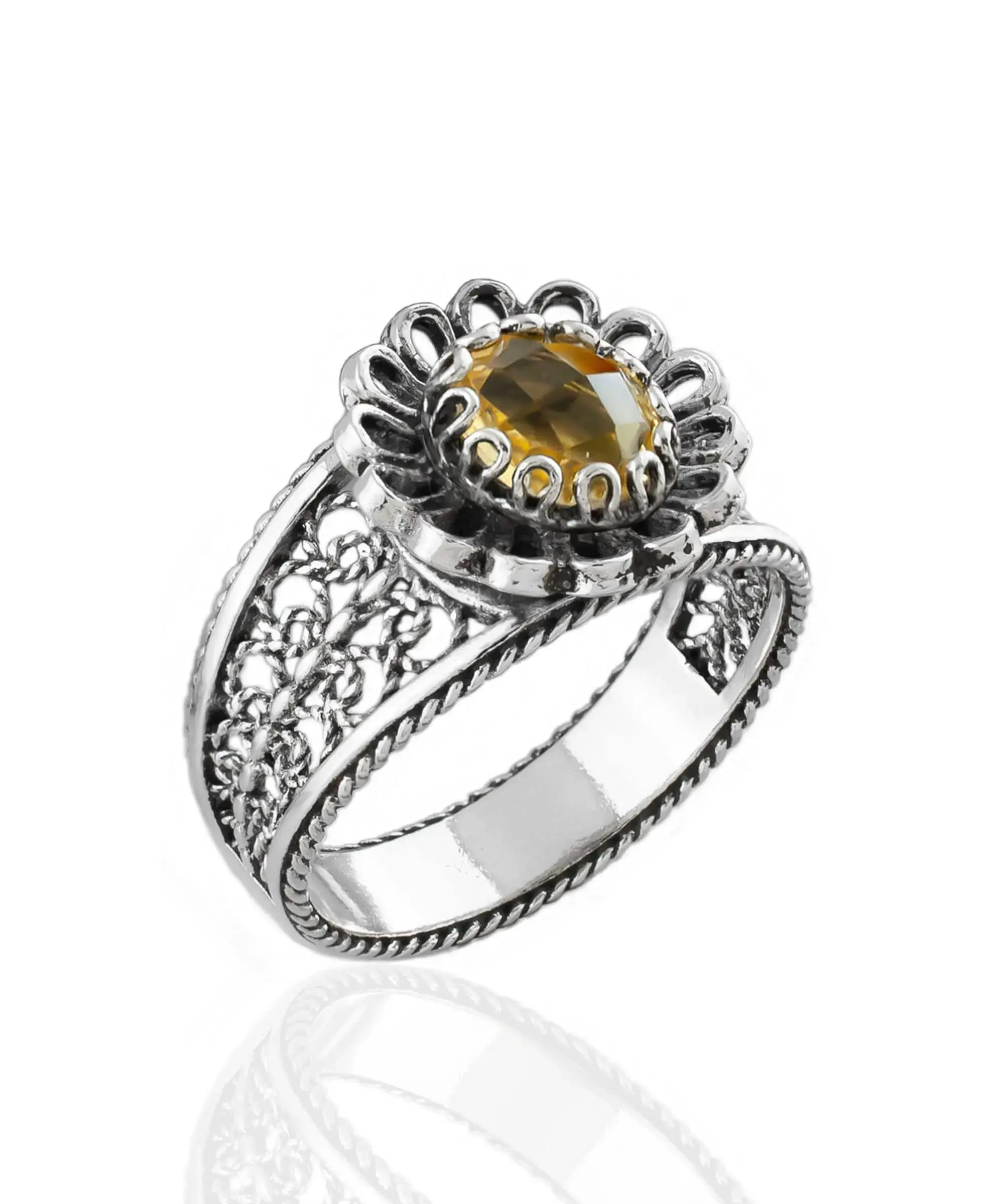 Daisy Figured Citrine Gemstone Filigree Art Women Silver Cocktail Ring