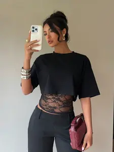 1pc Black Cropped T-shirt with Lace Splicing, Patchwork, Loose Layered Design, Sexy Everyday Daily Commute Wear