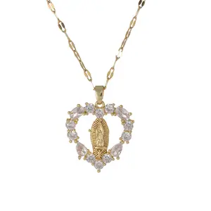 Elegant and Luxurious Heart-Shaped Virgin Mary Necklace with Full Diamond Setting