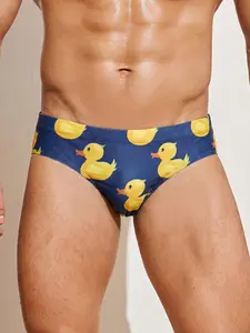 Men's Duck Pattern Triangle Swim Trunks, High Elastic Quick-Dry Men's Swimsuit, Summer Beach Swimming Surf Shorts, Sporty Animal Print, Swimwear, Beachwear, Water Sports, High Elasticity