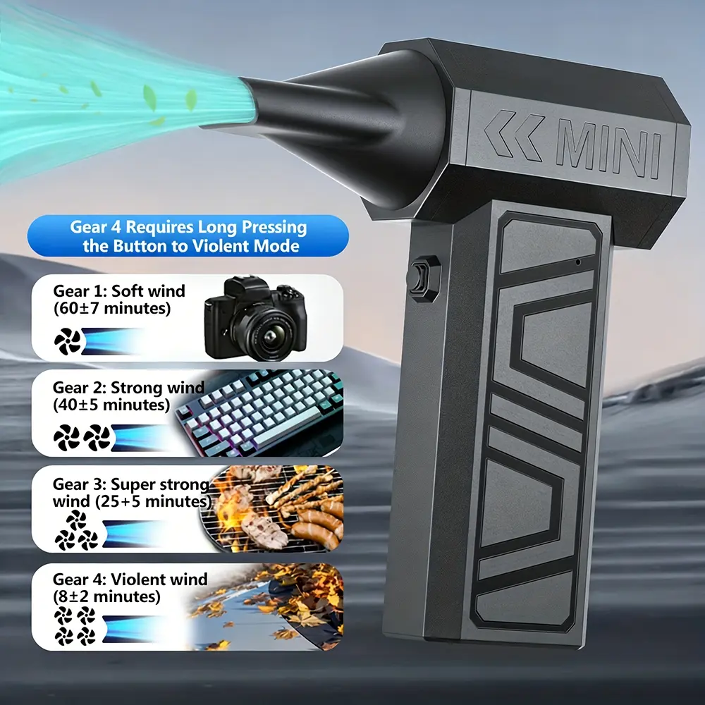 130000RPM Cordless Handheld Vacuum Cleaner | Type-C Charging, Turbo Blow for Car Blowing Snow, Indoor Dust Removal, Rapid Personal Cooling, 4 Gears Adjustable, Portable Jet Fan, ABS Material