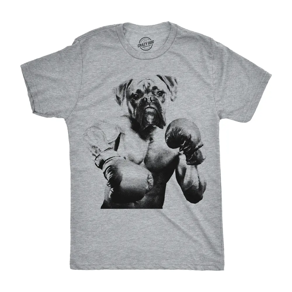 Mens Boxer Boxing T Shirt Funny Fitness Workout Puppy Dog Tee for Guys Mens Funny T Shirts Cool Vintage Fashion T-Shirt Gift Classic Menswear Fitness Apparel for Men Funny Dog Short Sleeve Novelty Tees for Guys Light Grey