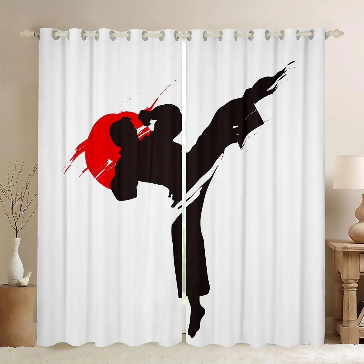 Japanese Style Window Drapes Taekwondo Design Curtains for Bedroom Living Room Black White Red Window Treatments Kids Japanese Sports Window Curtains Decor (2 Panels )
