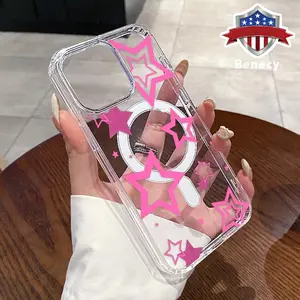 Magnetic Soft Case for iPhone 15 16 14 Pro Max 13 12 11 XR XS Plus E Pink Star Dream Pattern Anti-Yellowing Shockproof ultra-thin Silicone Crystal Transparent Acrylic Large Hole Cover Supports Wireless Charging