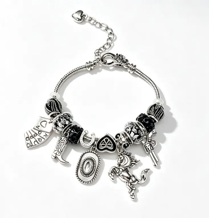 Western Cowboy Charm Snake Chain Bracelet, Unisex Vintage Silver Dangle Bead Bracelet, Cowgirl Horse Gun Boot Pendant Bangle Jewelry Gift for Men Women