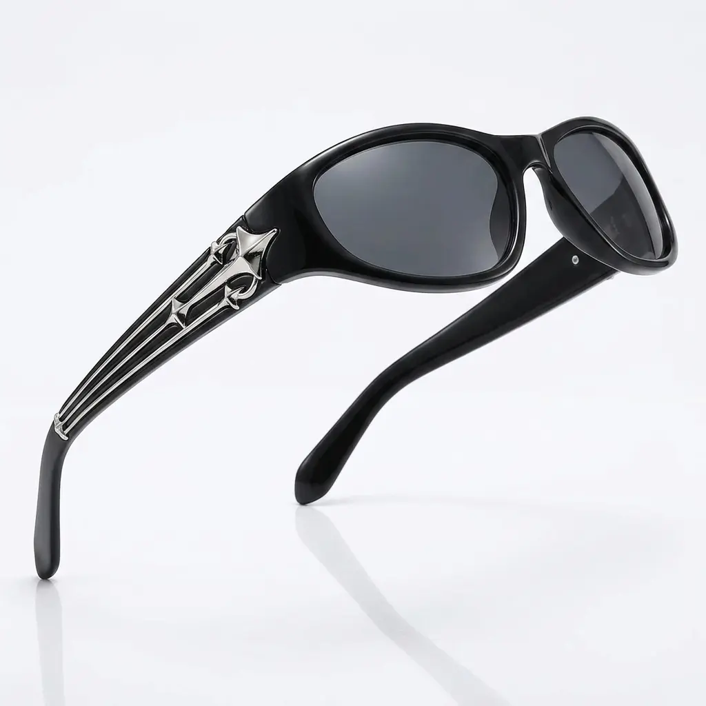 Women's Gothic Cross Metal Detail Wrap Sunglasses - Black Oval Frame, Dark Lens, Y2K Punk Rock, UV400 Protection, Streetwear Fashion Eyewear