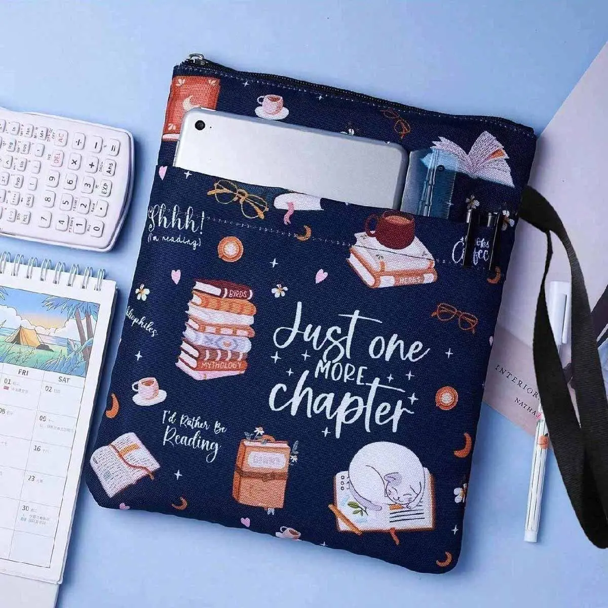 Books & Coffee & Cat Pattern Zipper Book Cover, 1 Count Waterproof Book Case with Accessory Pocket & Lanyard, Desk Organizer for Home Office School, Office Accessories, Waterproof File Organizer