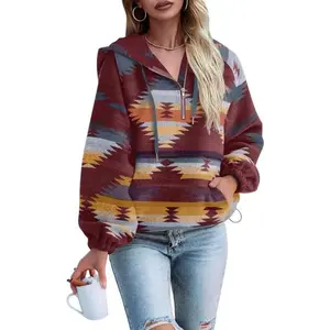 Womens Half Zip Up Hoodies Sweatshirt Casual Long Sleeve Oversized Ethnic Tribal Hooded Pullover Shirt Top
