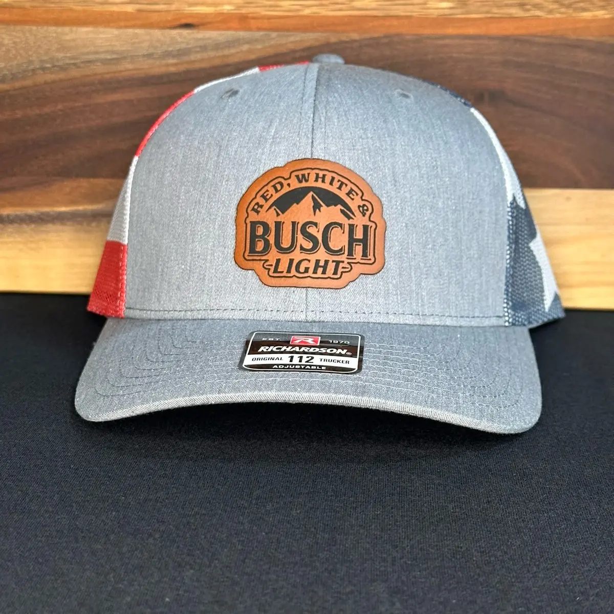 Red, white & Busch Light leather patch hat Red, white & Busch Light leather patch hat