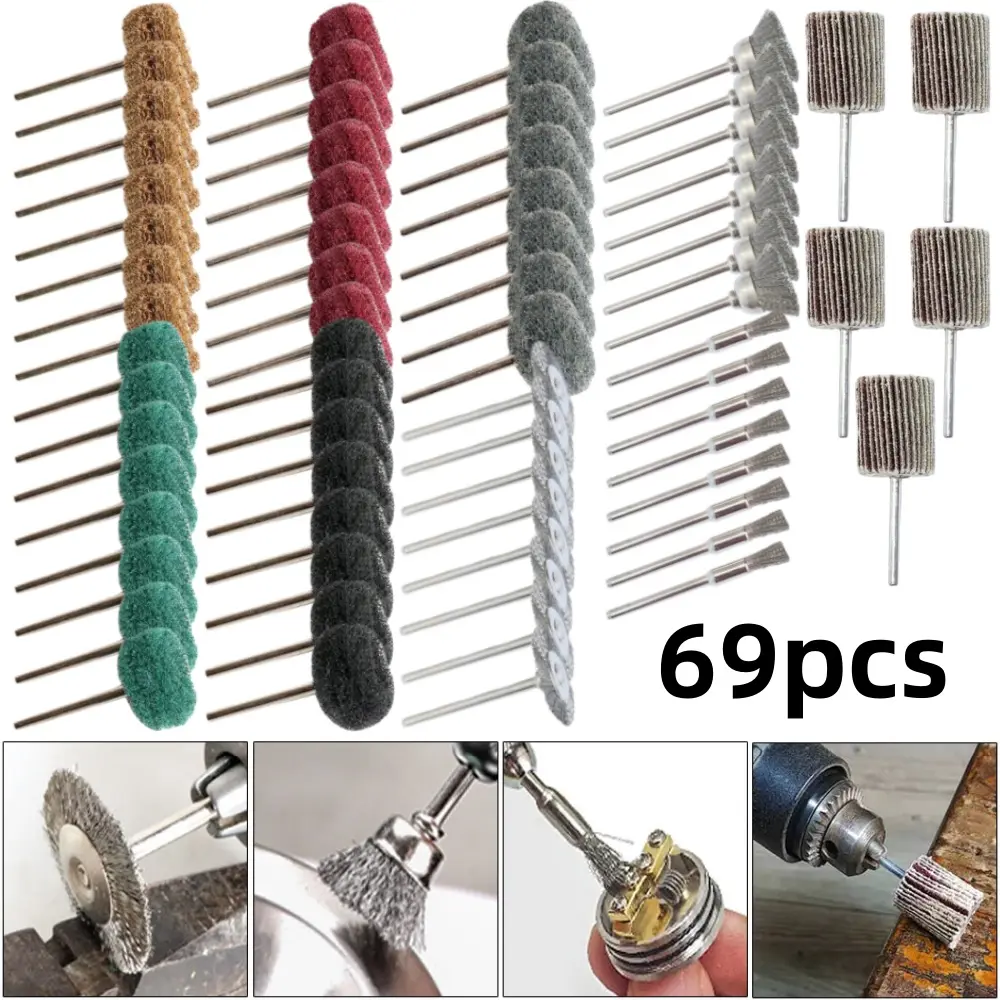 69-Piece Multi-Purpose Wheels Kit with Wire Bristles, Deburring Tools, Mini Brush Set for Metal Polishing, Wood Grinding, Face Covering Mask Maintenance