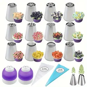 Stainless Steel Squeeze Flower Mouth Set Cake Decorating Kit, DIY Baking Supplies Set for Cupcake Biscuits Birthday Party, Include Russian Nozzle, Disposable Piping Bags, Baking Tools Office Stationery & Supplies Bakeware Pastry Colorful Desserts