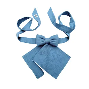 Mamabow in Blueberry - 100% Organic Cotton Muslin & Terry Cloth, Bow Belt with Detachable Burp Cloth, One Size Fits Waist Up to 45 Inches