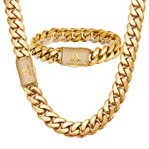 14mm Miami Cuban Link Initial Letter A-Z Necklace 18K Gold Plated Stainless Steel Solid Necklace for Mens Womens Hip Hop Jewelry Trendy Fashionable Accessories