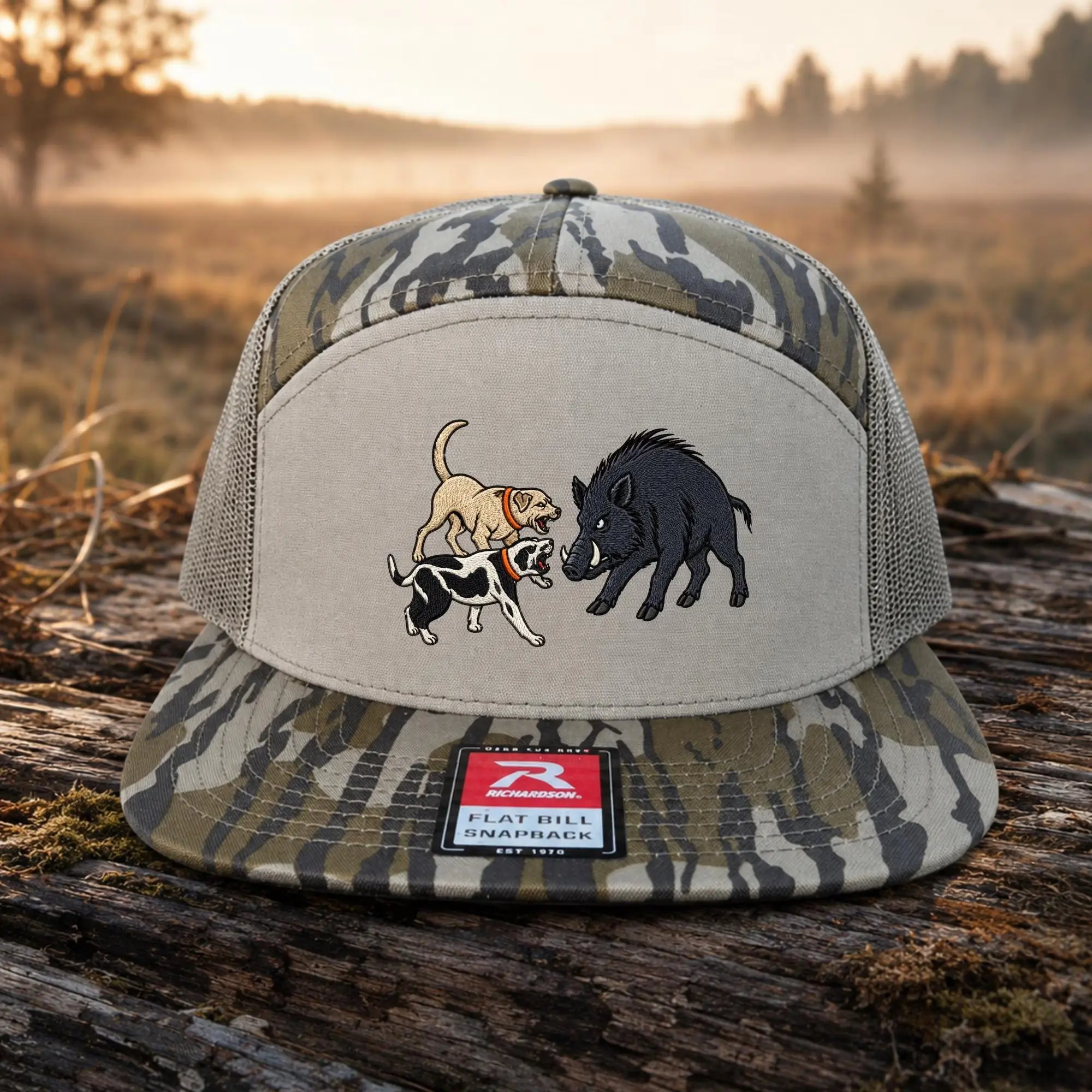 Hog Hunting Trucker Hat, Dog vs Wild Boar Embroidered Camo Snapback Cap, Wild Hog Hunting Hat, Outdoorsman Hunter Hat for Men, Hunting Gift
