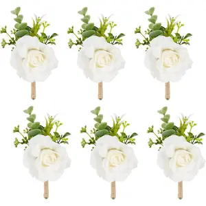 Ivory Rose Artificial Boutonniere Set (6 Pieces) - Bridal Groom Boutonnieres for Wedding, Formal Dinner Party, Fall Vintage Rustic Decor