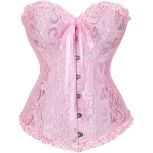 Women Pink Tie up Overbust Corset, Ladies Female Sexy Boned Ruffle Jacquard Bustier with Bow, Body Shaper