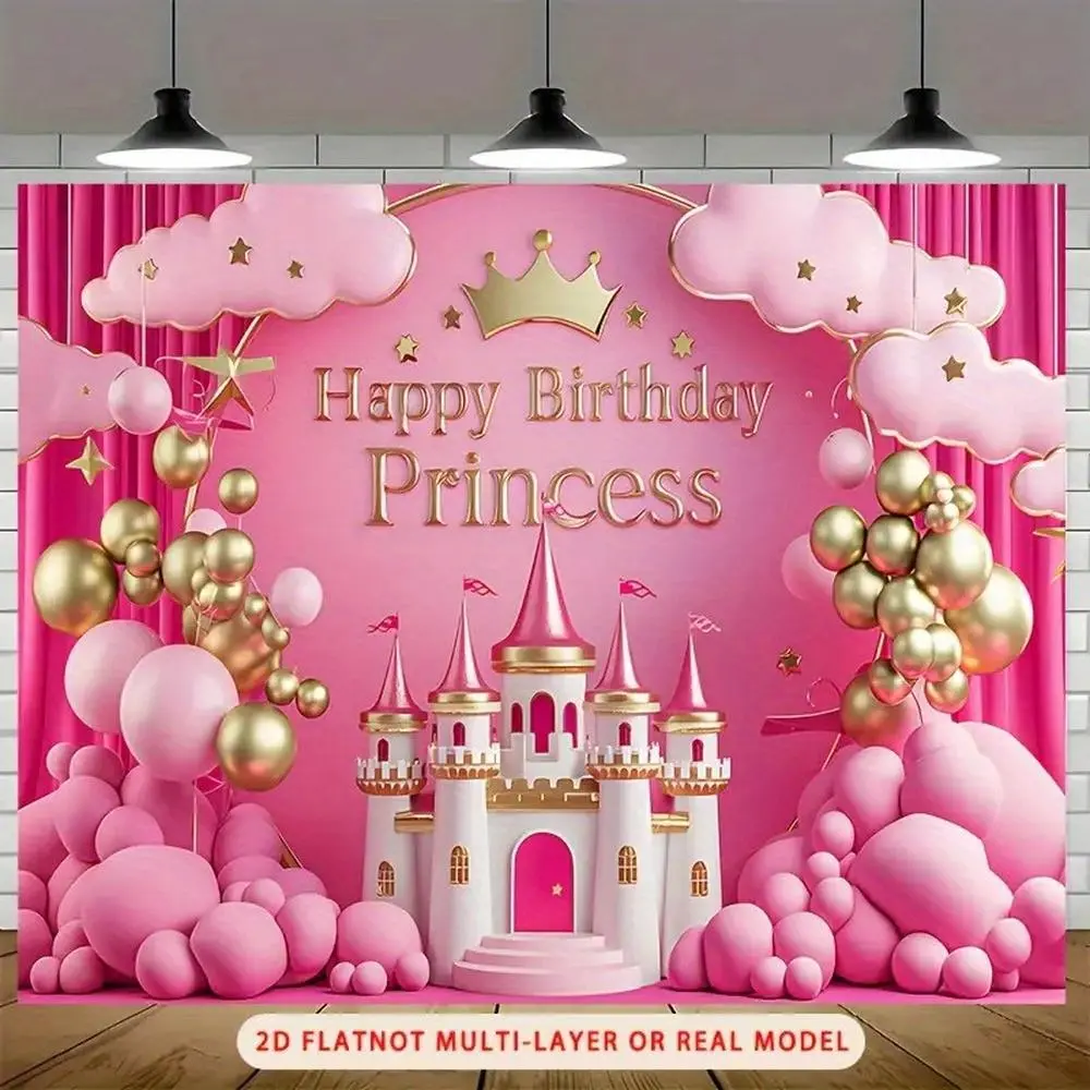1pc Official Licensed 2D Flat Princess Theme Wishing Banner - Pink Castle Happy Birthday Party Decoration Supplies, Golden Accents, Crown, Easy Hanging, White, No Ornaments for Girls Room Photo Backdrop