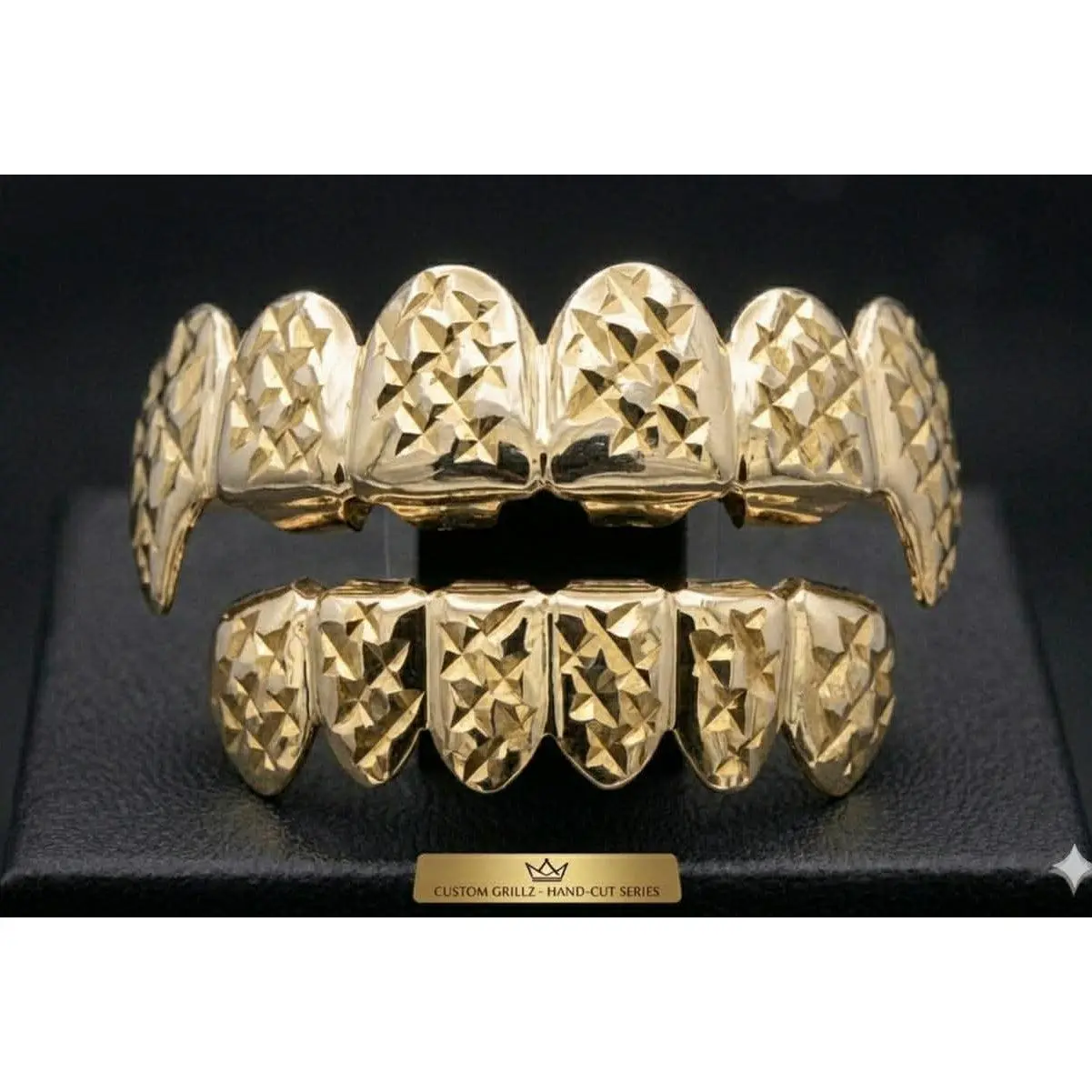 14K Gold Plated Upper & Lower Fang Grillz Set Diamond Cut Series 06